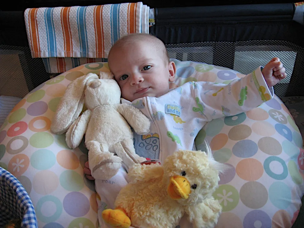 Leaning his cheek on the stuffed bunny with a plush duck nearby, one arm raised.
